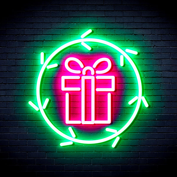 advpro-christmas-present-in-holly-wreath-ultra-bright-led-neon-sign-fnu0099 - Green & Pink