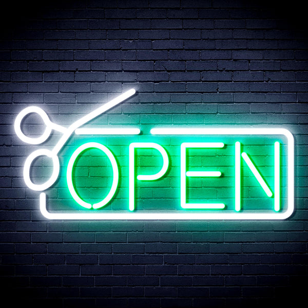 advpro-open-with-scissors-ultra-bright-led-neon-sign-fnu0361 - White & Green