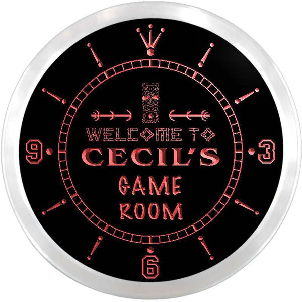 ADVPRO Cecil's Tiki Bar Game Room Bar Custom Name Neon Sign Clock ncx0213-tm - Red